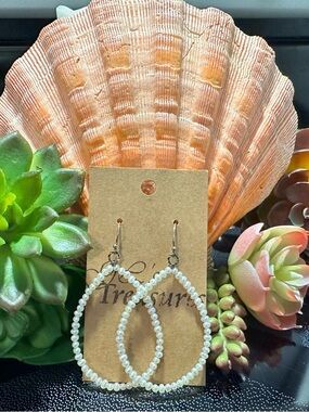 White Pearl Beaded Teardrop Earrings by